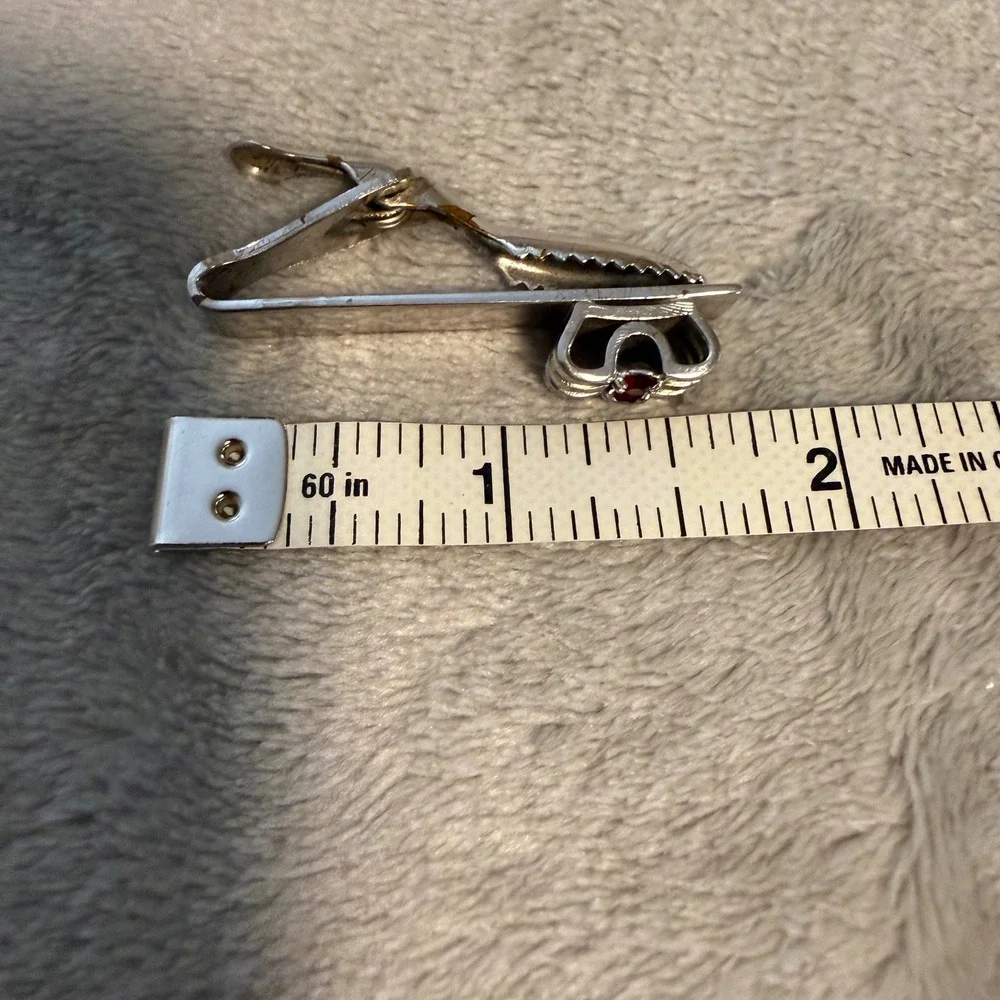 Vintage Silver Tone Tie Bar Money Clip Red Garnet‎ Style Stones 2